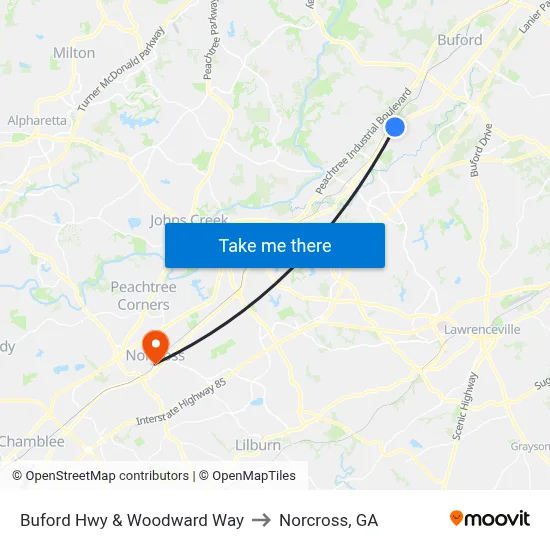 Buford Hwy & Woodward Way to Norcross, GA map
