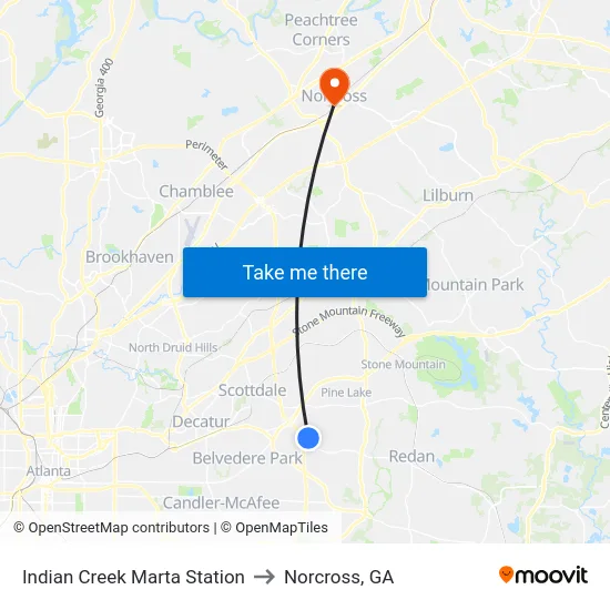 Indian Creek Marta Station to Norcross, GA map