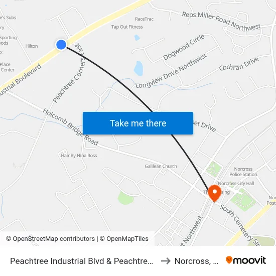 Peachtree Industrial Blvd & Peachtree Co to Norcross, GA map