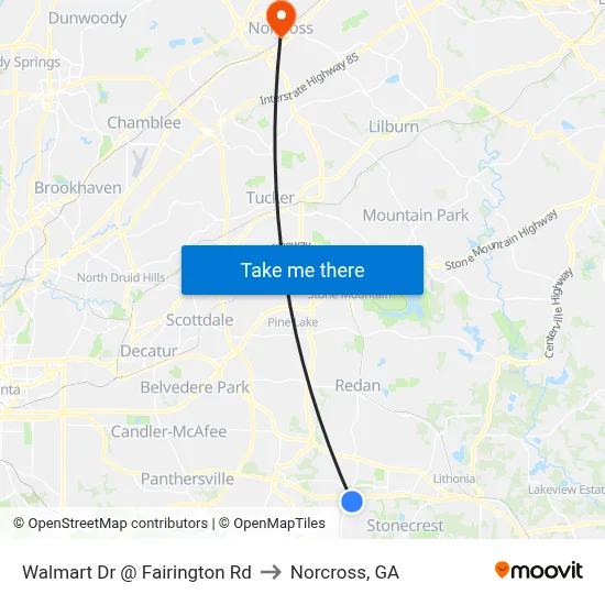 Walmart Dr @ Fairington Rd to Norcross, GA map