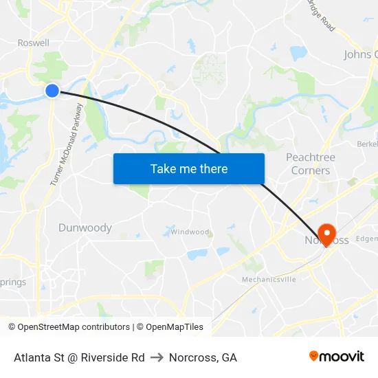 Atlanta St @ Riverside Rd to Norcross, GA map