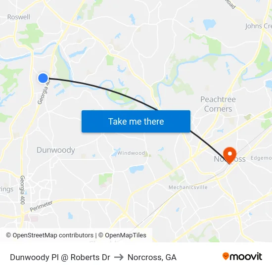 Dunwoody Pl @ Roberts Dr to Norcross, GA map