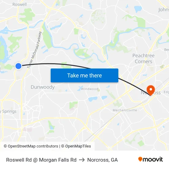 Roswell Rd @ Morgan Falls Rd to Norcross, GA map