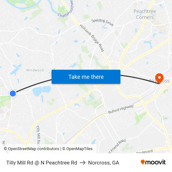 Tilly Mill Rd @ N Peachtree Rd to Norcross, GA map