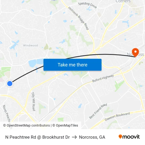 N Peachtree Rd @ Brookhurst Dr to Norcross, GA map