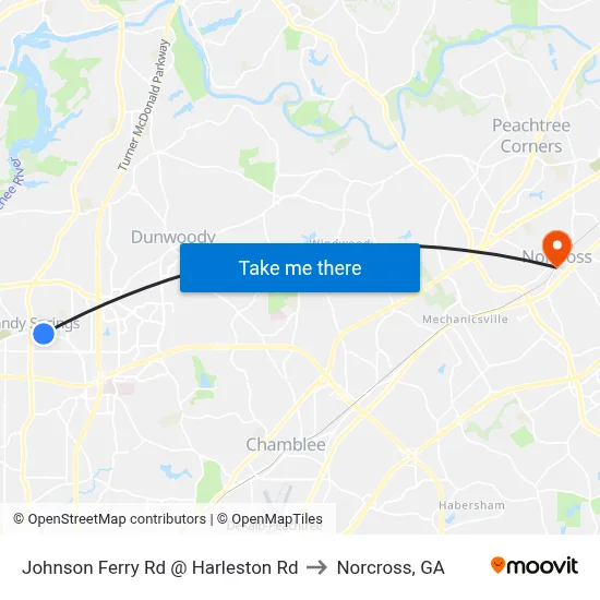 Johnson Ferry Rd @ Harleston Rd to Norcross, GA map