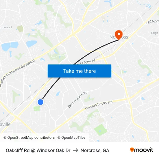 Oakcliff Rd @ Windsor Oak Dr to Norcross, GA map