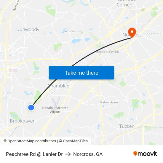 Peachtree Rd @ Lanier Dr to Norcross, GA map