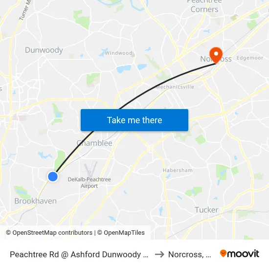 Peachtree Rd @ Ashford Dunwoody Rd to Norcross, GA map