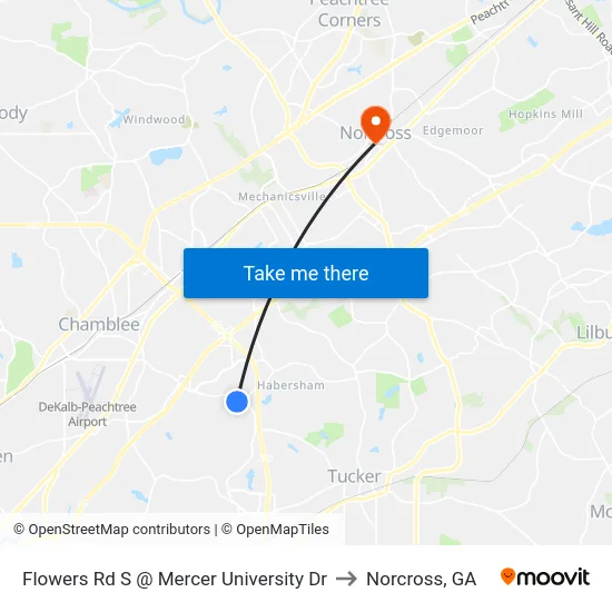 Flowers Rd S @ Mercer University Dr to Norcross, GA map