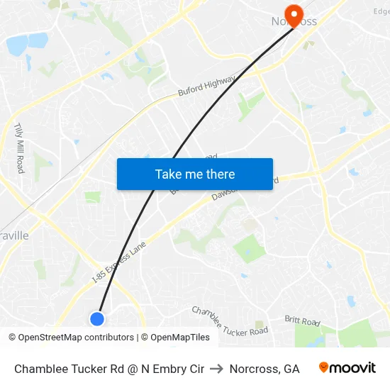 Chamblee Tucker Rd @ N Embry Cir to Norcross, GA map