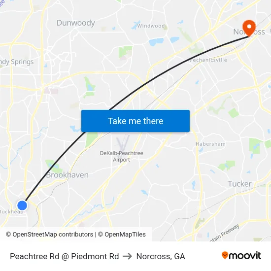 Peachtree Rd @ Piedmont Rd to Norcross, GA map