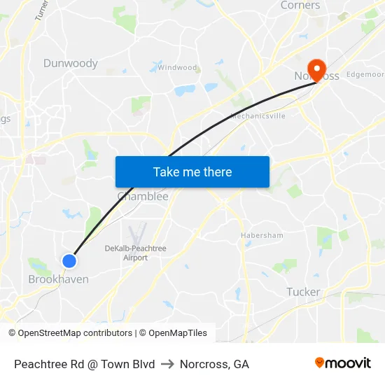 Peachtree Rd @ Town Blvd to Norcross, GA map
