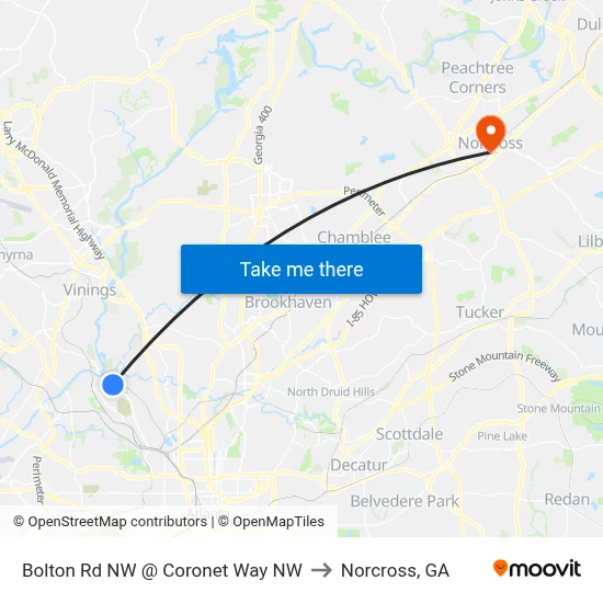 Bolton Rd NW @ Coronet Way NW to Norcross, GA map