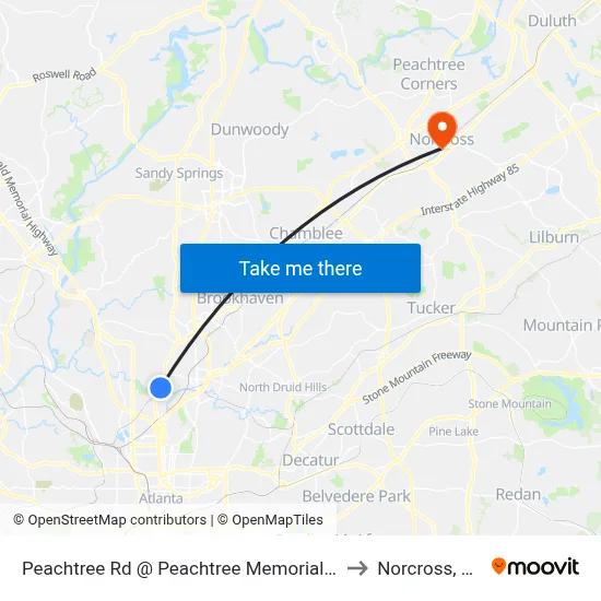 Peachtree Rd @ Peachtree Memorial Dr to Norcross, GA map