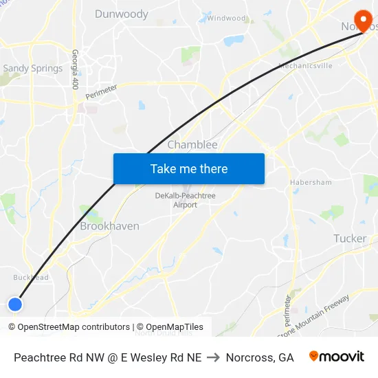 Peachtree Rd NW @ E Wesley Rd NE to Norcross, GA map