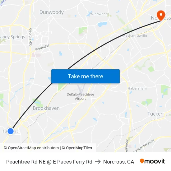 Peachtree Rd NE @ E Paces Ferry Rd to Norcross, GA map