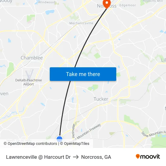 Lawrenceville @ Harcourt Dr to Norcross, GA map