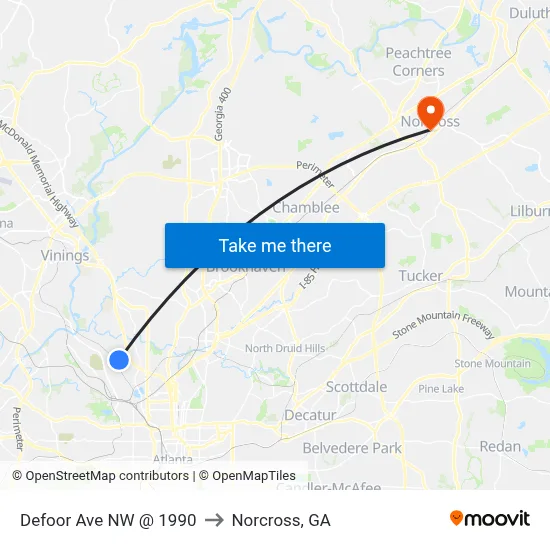 Defoor Ave NW @ 1990 to Norcross, GA map