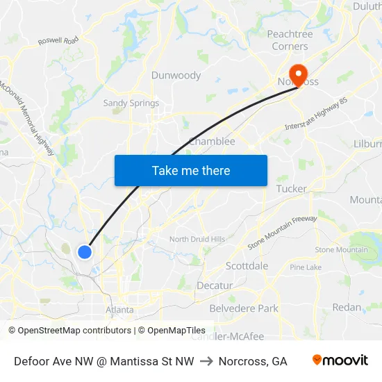 Defoor Ave NW @ Mantissa St NW to Norcross, GA map