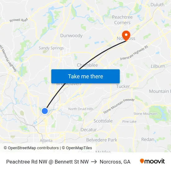 Peachtree Rd NW @ Bennett St NW to Norcross, GA map