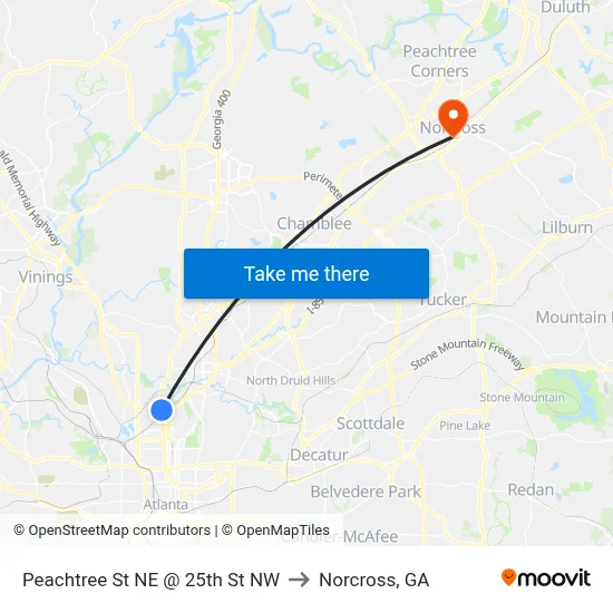Peachtree St NE @ 25th St NW to Norcross, GA map