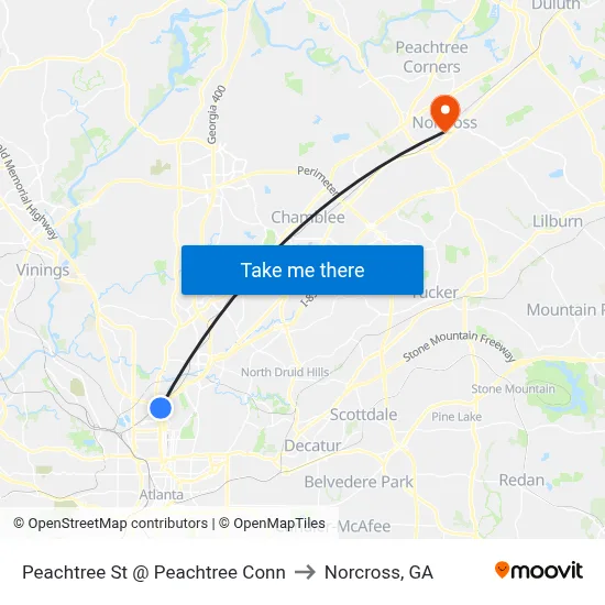 Peachtree St @ Peachtree Conn to Norcross, GA map