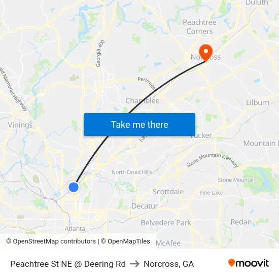 Peachtree St NE @ Deering Rd to Norcross, GA map