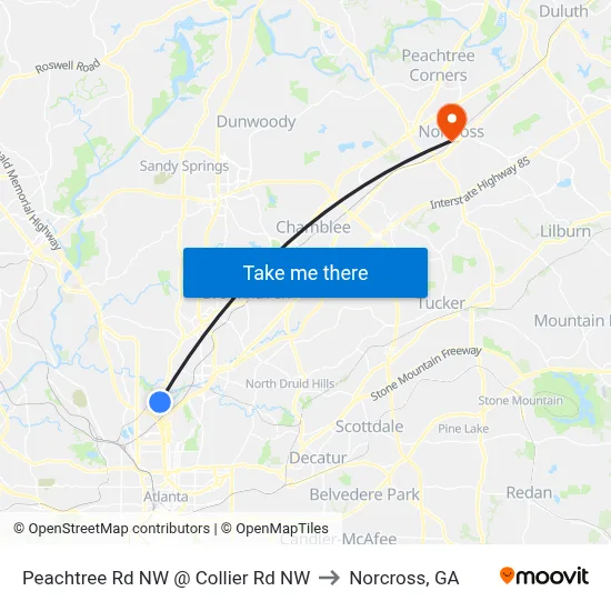 Peachtree Rd NW @ Collier Rd NW to Norcross, GA map