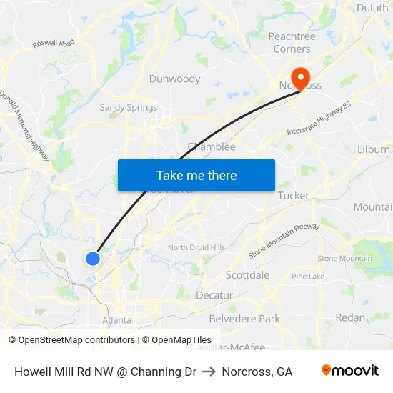 Howell Mill Rd NW @ Channing Dr to Norcross, GA map