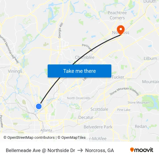 Bellemeade Ave @ Northside Dr to Norcross, GA map