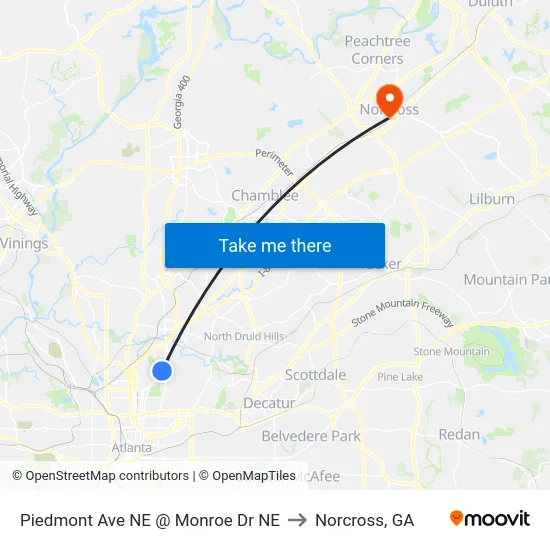 Piedmont Ave NE @ Monroe Dr NE to Norcross, GA map
