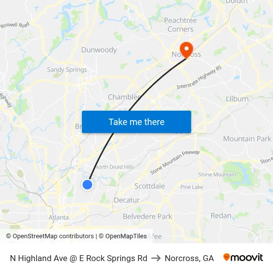 N Highland Ave @ E Rock Springs Rd to Norcross, GA map