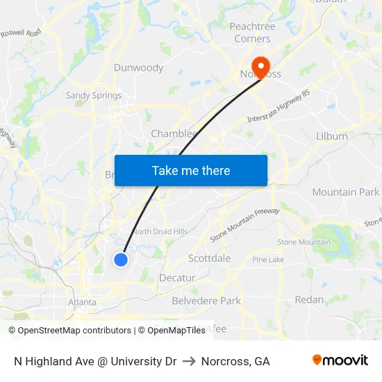 N Highland Ave @ University Dr to Norcross, GA map