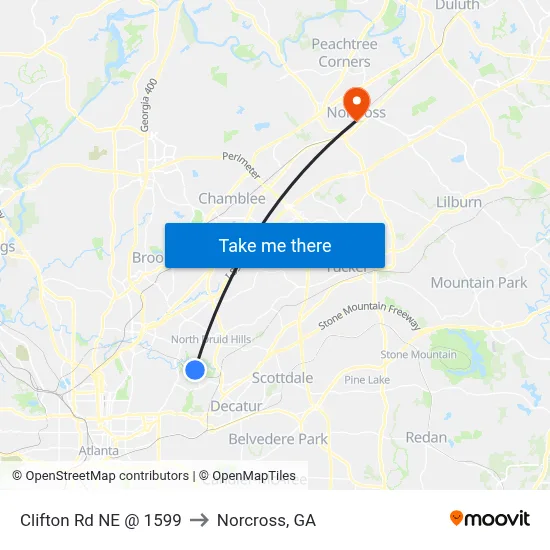 Clifton Rd NE @ 1599 to Norcross, GA map