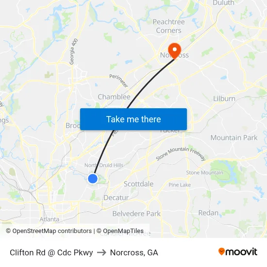 Clifton Rd @ Cdc Pkwy to Norcross, GA map