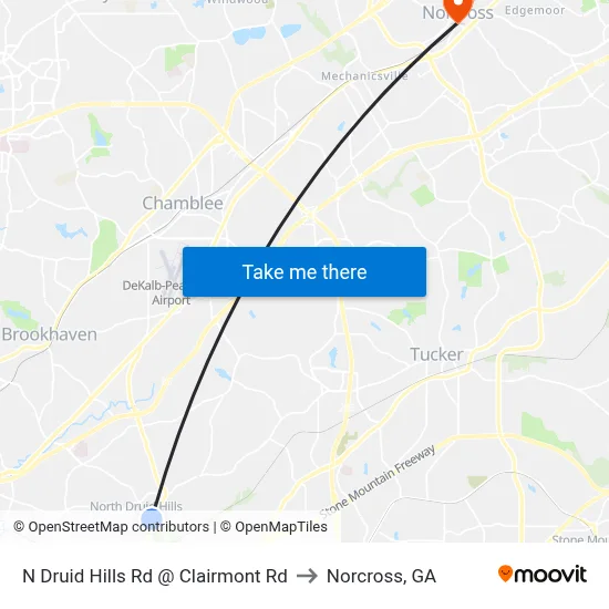 N Druid Hills Rd @ Clairmont Rd to Norcross, GA map