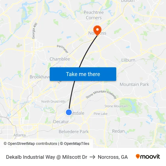 Dekalb Industrial Way @ Milscott Dr to Norcross, GA map