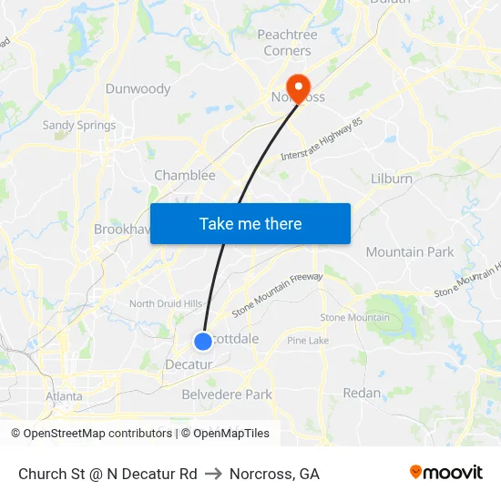 Church St @ N Decatur Rd to Norcross, GA map