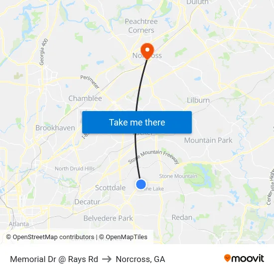 Memorial Dr @ Rays Rd to Norcross, GA map