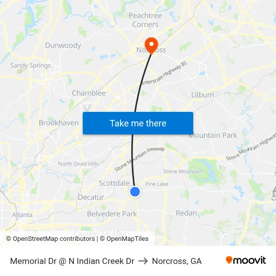 Memorial Dr @ N Indian Creek Dr to Norcross, GA map