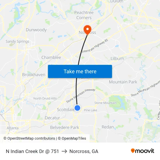 N Indian Creek Dr @ 751 to Norcross, GA map