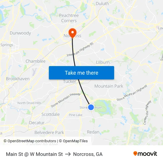 Main St @ W Mountain St to Norcross, GA map