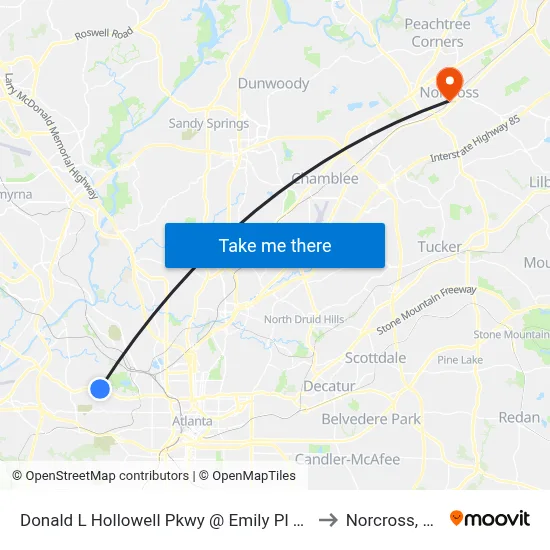 Donald L Hollowell Pkwy @ Emily Pl NW to Norcross, GA map