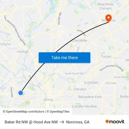 Baker Rd NW @ Hood Ave NW to Norcross, GA map