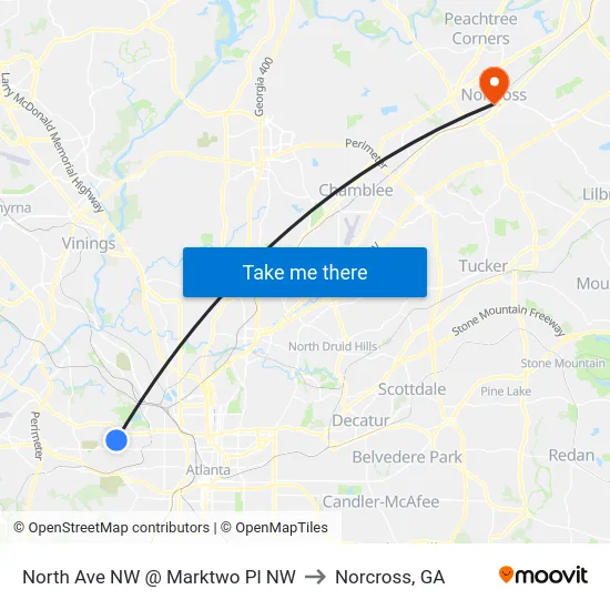 North Ave NW @ Marktwo Pl NW to Norcross, GA map