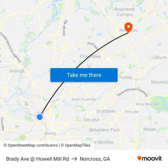 Brady Ave @ Howell Mill Rd to Norcross, GA map