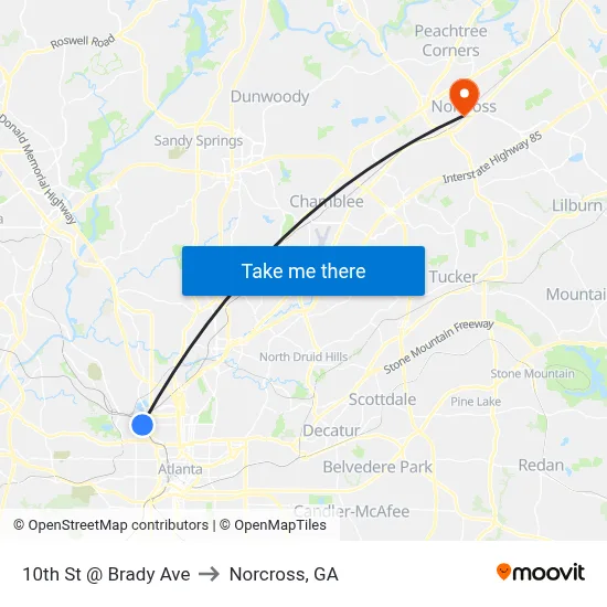 10th St @ Brady Ave to Norcross, GA map
