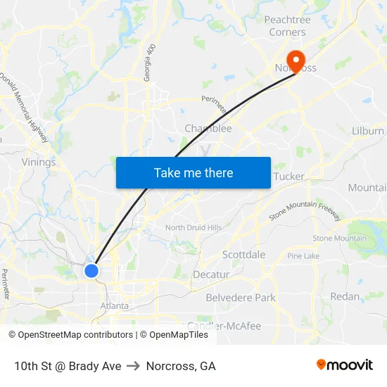 10th St @ Brady Ave to Norcross, GA map