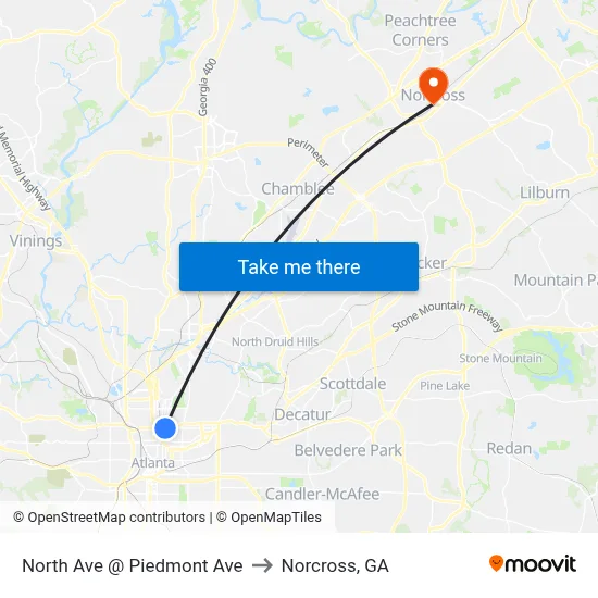 North Ave @ Piedmont Ave to Norcross, GA map